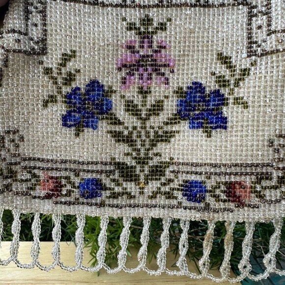 Antique Edwardian Fringe Flapper Purse Evening Bag Micro Seed Bead Floral Metal - Picture 9 of 16